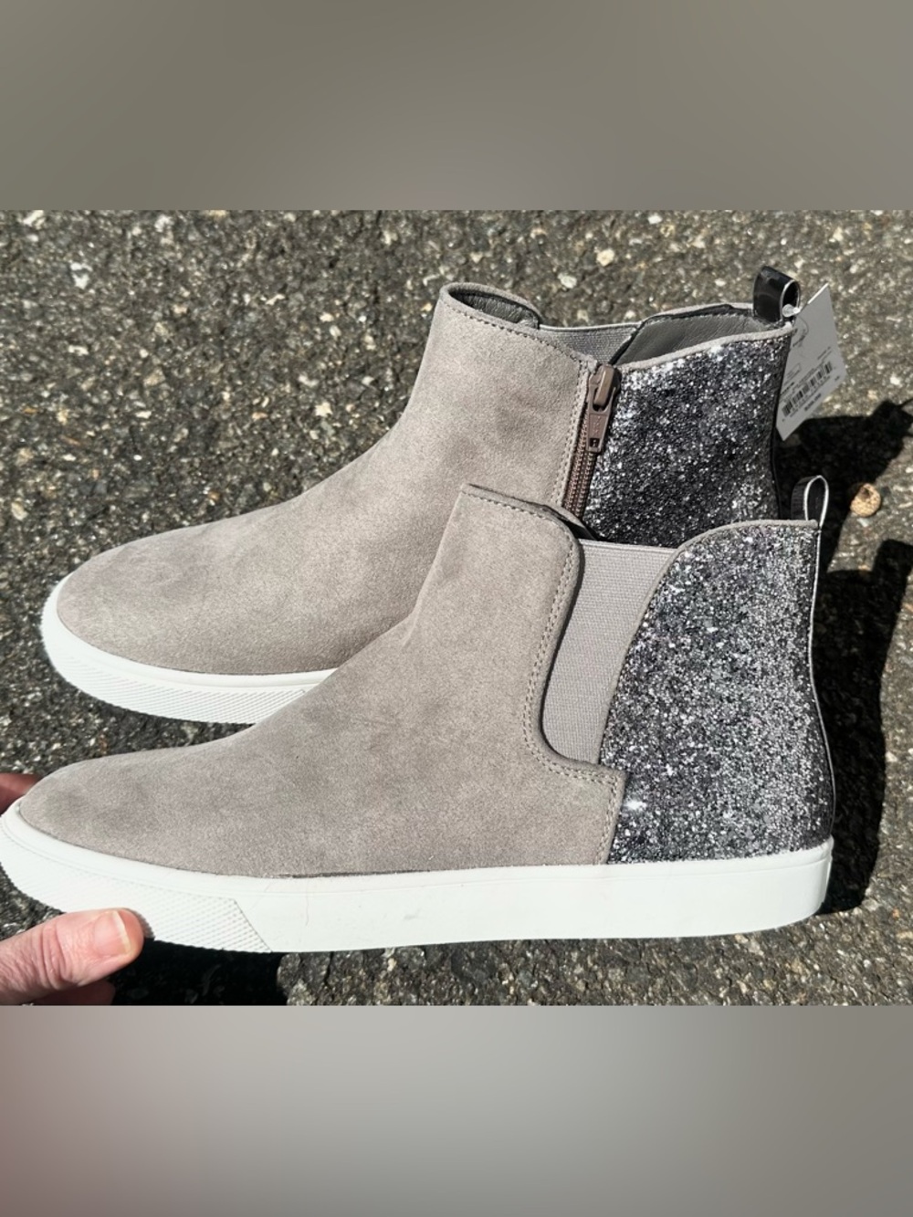 NWT Gray Suede Sneaker Boot memory foam with Silver Glitter Heel Size 6